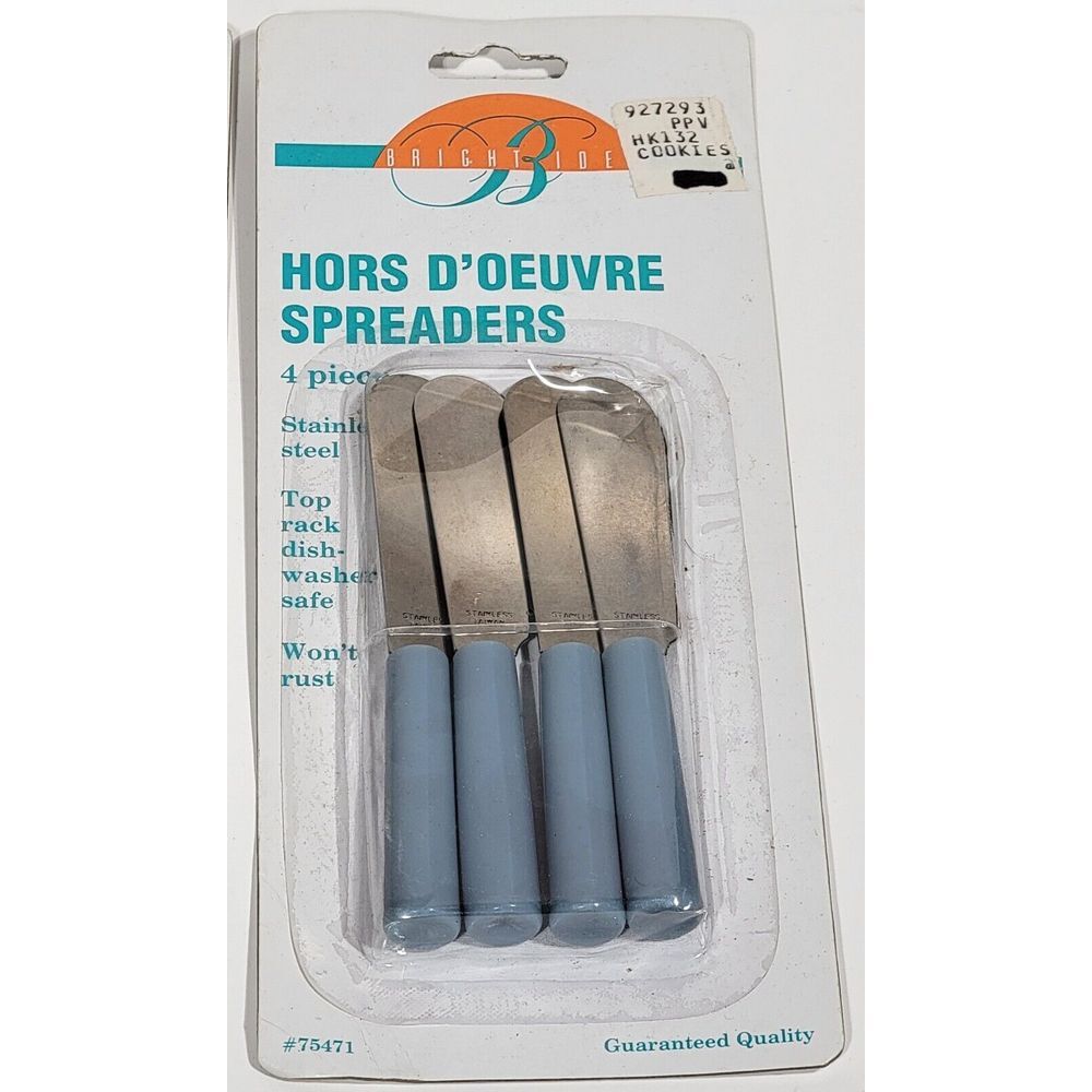 4 Vintage Bright Idea HORS D'OEUVRE Mini Utensil Spreader Stainless Steal Blue